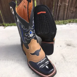 Mens Western Rodeo Genuine Leather Square Toe Black tan Boots Bota Vaquera 721