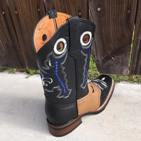 Mens Western Rodeo Genuine Leather Square Toe Black tan Boots Bota Vaquera 721