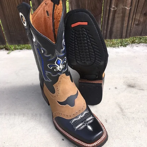 Mens Western Rodeo Genuine Leather Square Toe Black tan Boots Bota Vaquera 721