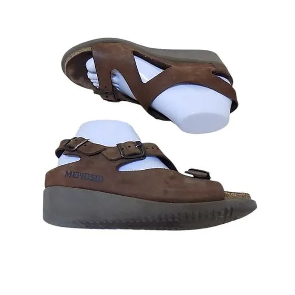 Mephisto Sandals EU 39 US 9 Women Brown Leather Wedge Summer Buckle Ankle Strap