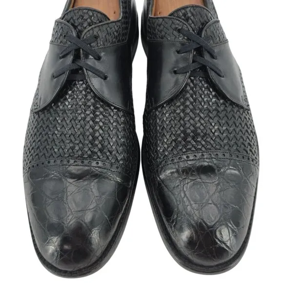 Mezlan Exotic Mens 12M Black Crocodile Woven Leather Cap-toe Derby Dress Shoes