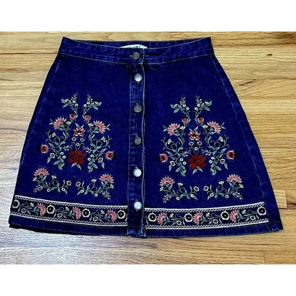Miami Women's Skirt Mini Denim Floral Embroidery Boho Front Button Detail S Blue