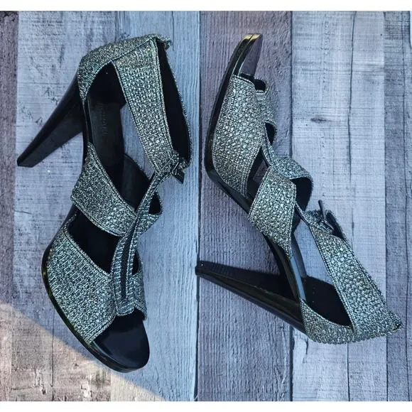 MICHAEL KORS Crystal Rhinestone Sparkle Silver Black Heels Shoes Women's 10M