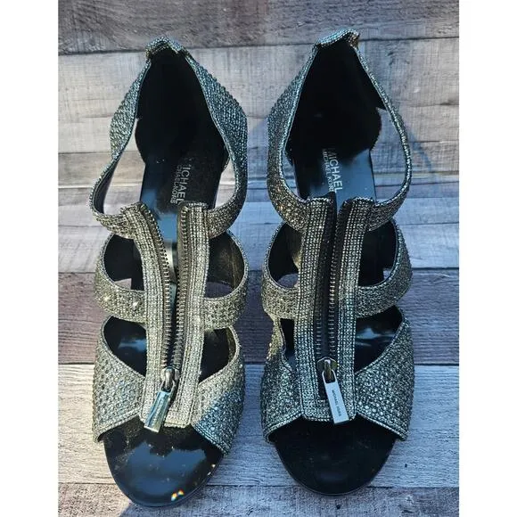 MICHAEL KORS Crystal Rhinestone Sparkle Silver Black Heels Shoes Women's 10M