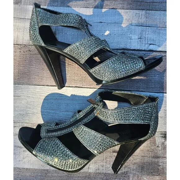 MICHAEL KORS Crystal Rhinestone Sparkle Silver Black Heels Shoes Women's 10M