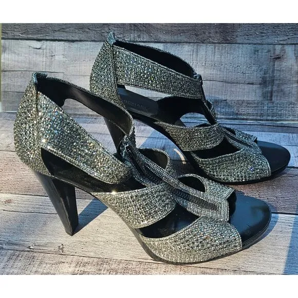 MICHAEL KORS Crystal Rhinestone Sparkle Silver Black Heels Shoes Women's 10M