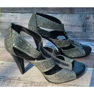 MICHAEL KORS Crystal Rhinestone Sparkle Silver Black Heels Shoes Women's 10M