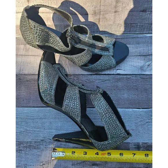 MICHAEL KORS Crystal Rhinestone Sparkle Silver Black Heels Shoes Women's 10M