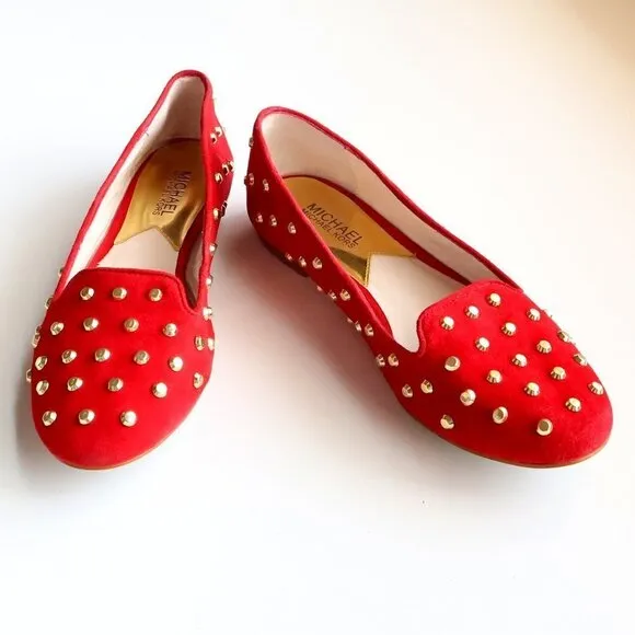 Michael Kors Red Suede Leather Gold Stud Low Heel Shoes / Flats / Slip On Shoes