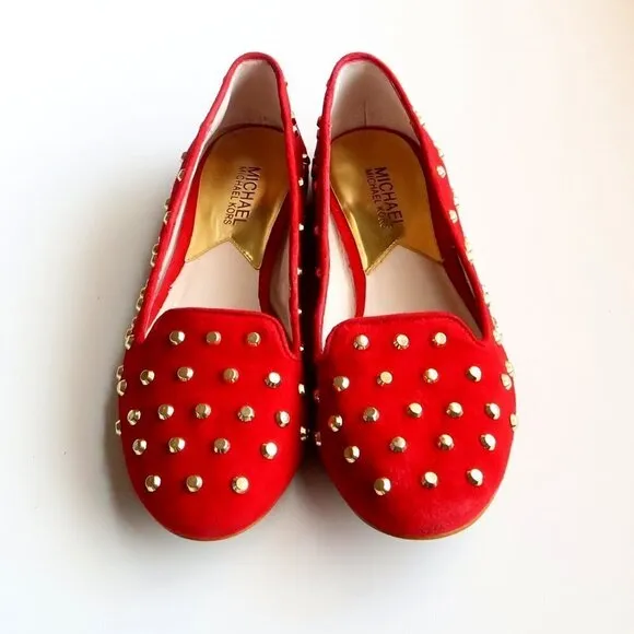 Michael Kors Red Suede Leather Gold Stud Low Heel Shoes / Flats / Slip On Shoes