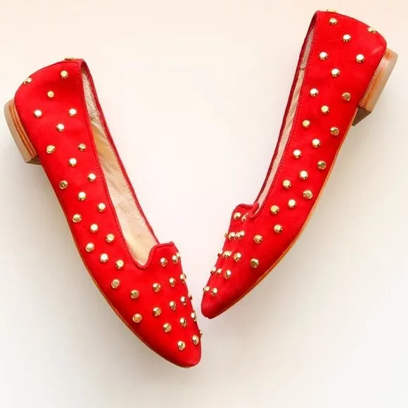 Michael Kors Red Suede Leather Gold Stud Low Heel Shoes / Flats / Slip On Shoes
