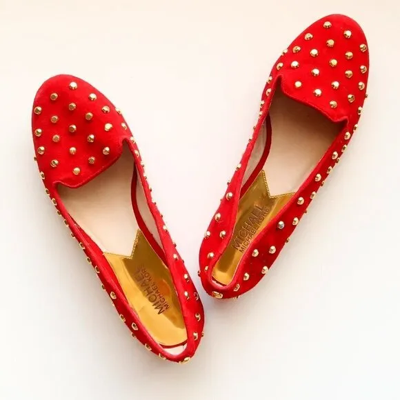 Michael Kors Red Suede Leather Gold Stud Low Heel Shoes / Flats / Slip On Shoes