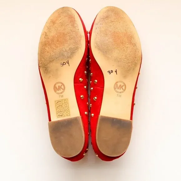 Michael Kors Red Suede Leather Gold Stud Low Heel Shoes / Flats / Slip On Shoes