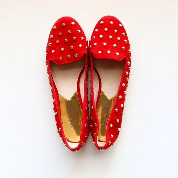 Michael Kors Red Suede Leather Gold Stud Low Heel Shoes / Flats / Slip On Shoes