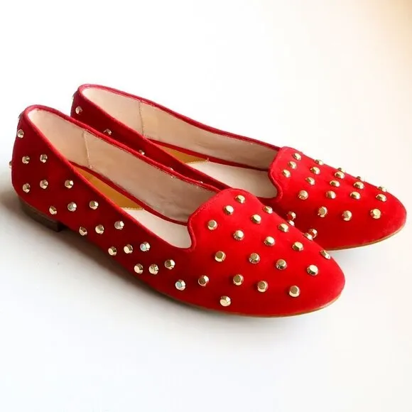 Michael Kors Red Suede Leather Gold Stud Low Heel Shoes / Flats / Slip On Shoes