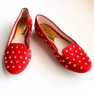 Michael Kors Red Suede Leather Gold Stud Low Heel Shoes / Flats / Slip On Shoes