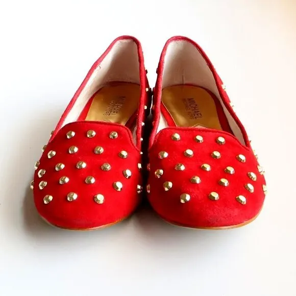 Michael Kors Red Suede Leather Gold Stud Low Heel Shoes / Flats / Slip On Shoes