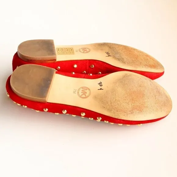 Michael Kors Red Suede Leather Gold Stud Low Heel Shoes / Flats / Slip On Shoes