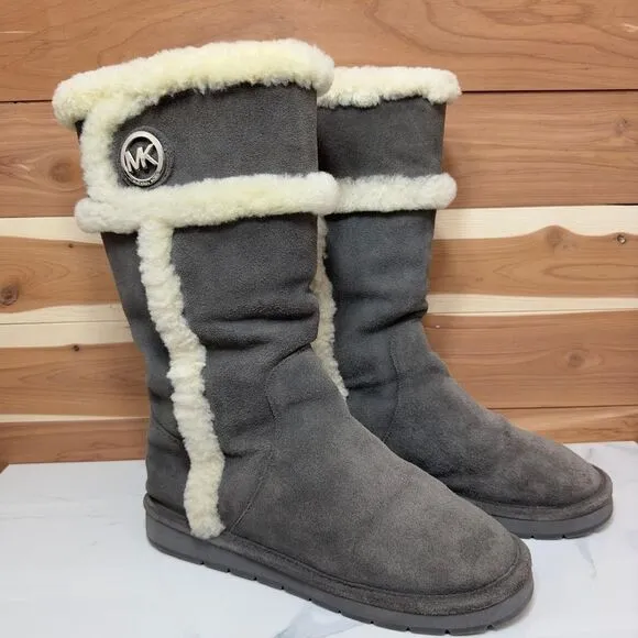 Michael Kors Tall Winter Boots Shearling Lined Suede Gray Boots Size 9M