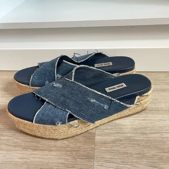 MIU  Miu Denim Espadrille Platform Sandals 41