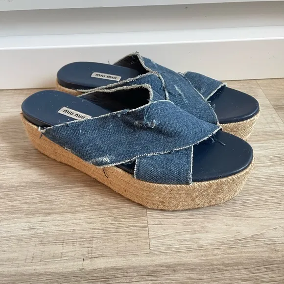 MIU  Miu Denim Espadrille Platform Sandals 41