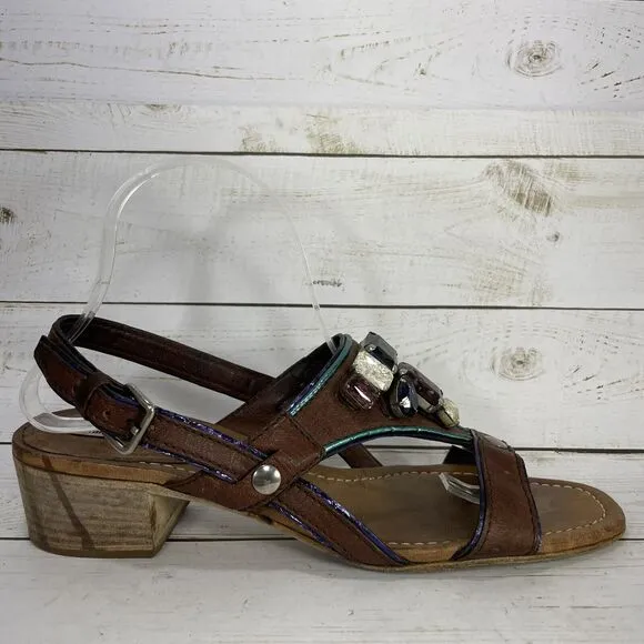 Miu Miu Leather Crystal Embellishments Slingback Sandals Womens EU 40 US 9 Brown