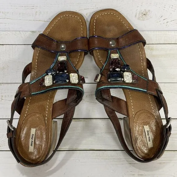 Miu Miu Leather Crystal Embellishments Slingback Sandals Womens EU 40 US 9 Brown