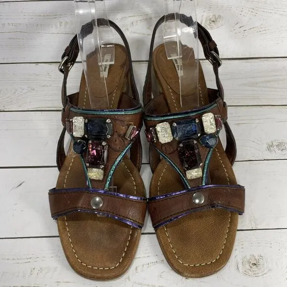 Miu Miu Leather Crystal Embellishments Slingback Sandals Womens EU 40 US 9 Brown