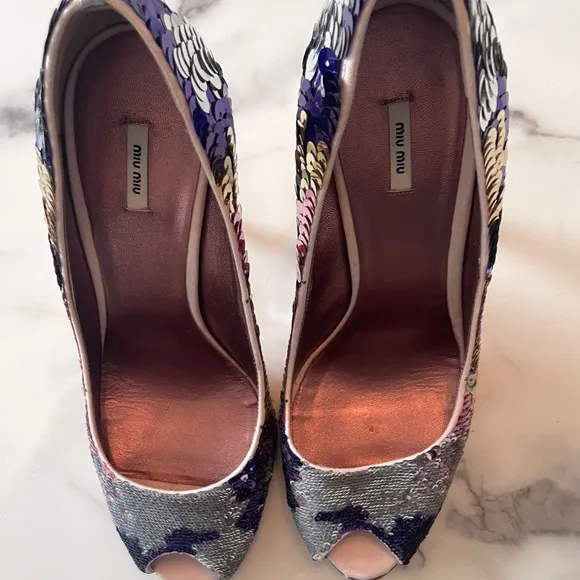 Miu Miu Sequin Peep-Toe Stiletto Heels