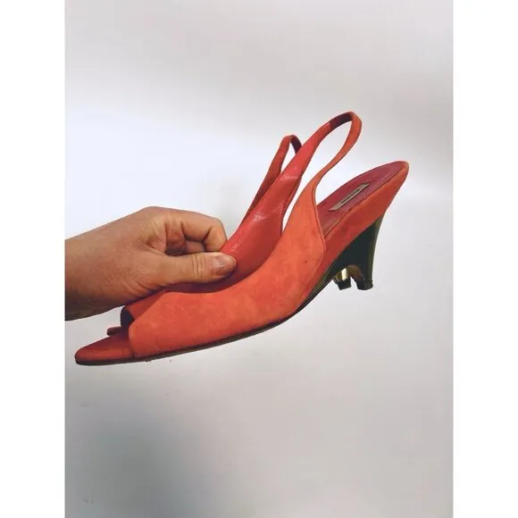 Miu Miu Suede Slingback Sandals Open Toe Coral Peach Heels Shoes Sz 38 Italy