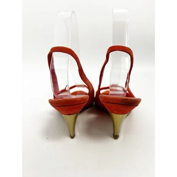 Miu Miu Suede Slingback Sandals Open Toe Coral Peach Heels Shoes Sz 38 Italy
