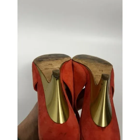 Miu Miu Suede Slingback Sandals Open Toe Coral Peach Heels Shoes Sz 38 Italy