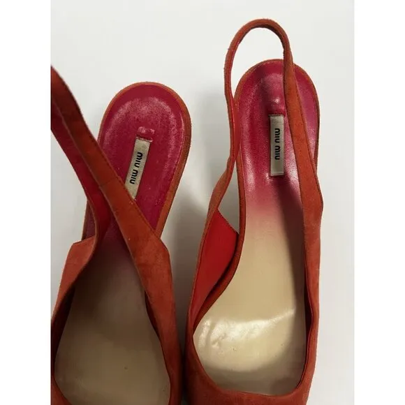 Miu Miu Suede Slingback Sandals Open Toe Coral Peach Heels Shoes Sz 38 Italy