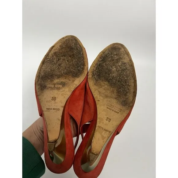 Miu Miu Suede Slingback Sandals Open Toe Coral Peach Heels Shoes Sz 38 Italy