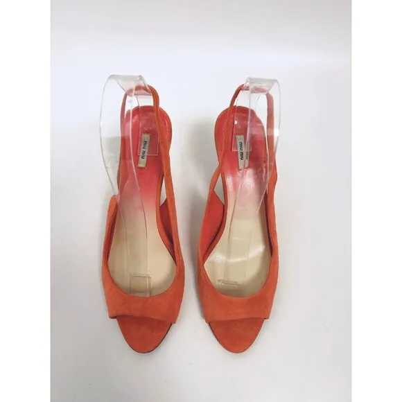 Miu Miu Suede Slingback Sandals Open Toe Coral Peach Heels Shoes Sz 38 Italy