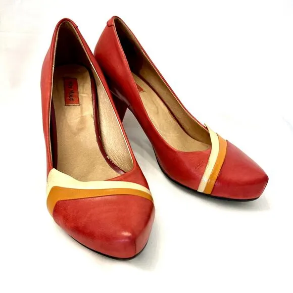 Miz Mooz Size 8 Leather Retro Inspired EUC Heels Red Orange Cream