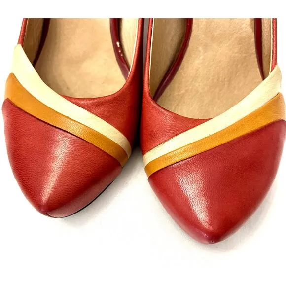 Miz Mooz Size 8 Leather Retro Inspired EUC Heels Red Orange Cream