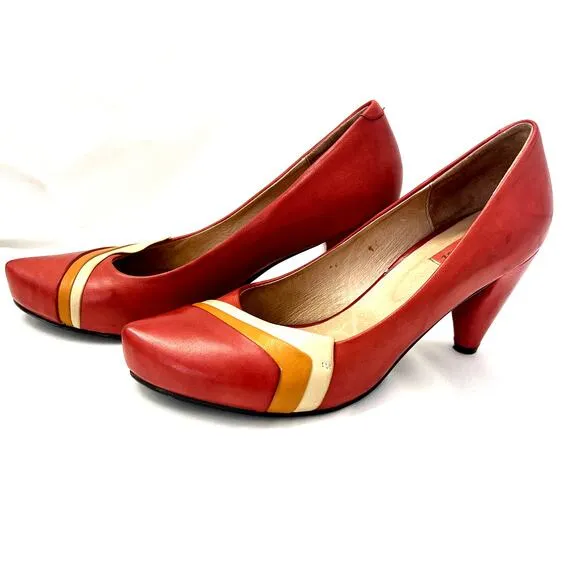 Miz Mooz Size 8 Leather Retro Inspired EUC Heels Red Orange Cream