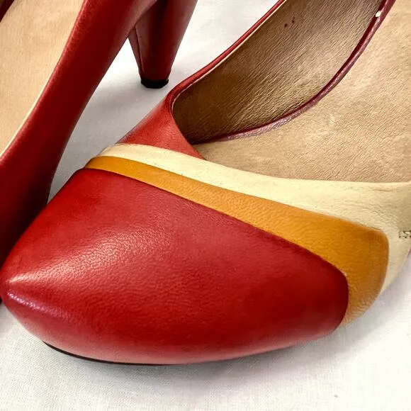 Miz Mooz Size 8 Leather Retro Inspired EUC Heels Red Orange Cream