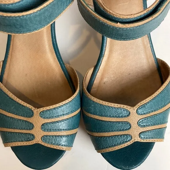 Miz Mooz Women's Corbin Dress Sandal Blue Cork Ankle Strap Whimsy Art To Wear