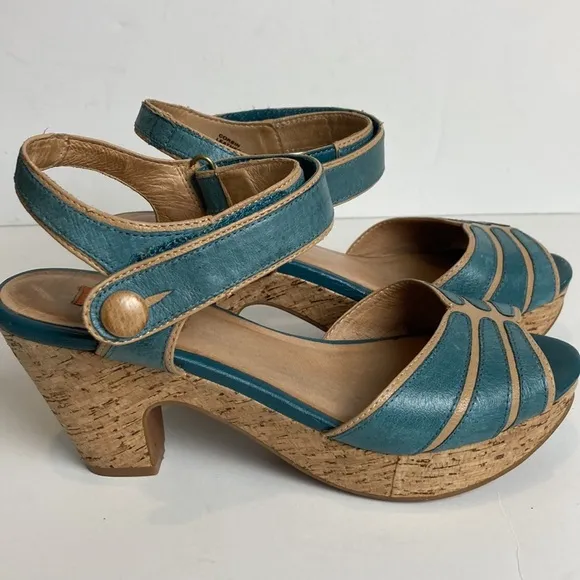 Miz Mooz Women's Corbin Dress Sandal Blue Cork Ankle Strap Whimsy Art To Wear