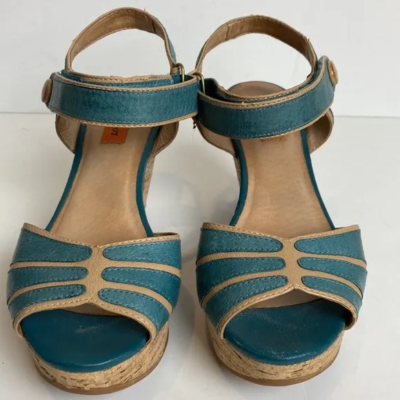 Miz Mooz Women's Corbin Dress Sandal Blue Cork Ankle Strap Whimsy Art To Wear