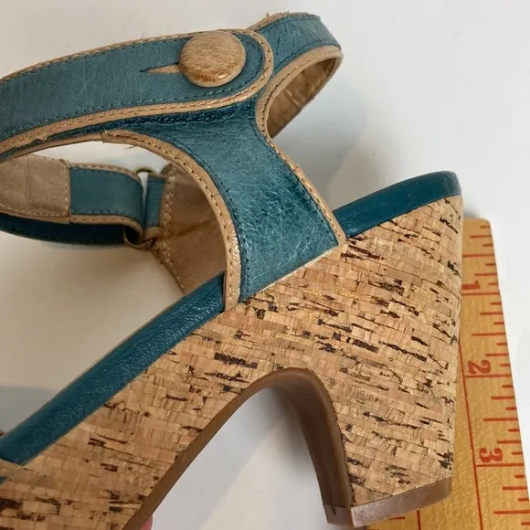 Miz Mooz Women's Corbin Dress Sandal Blue Cork Ankle Strap Whimsy Art To Wear