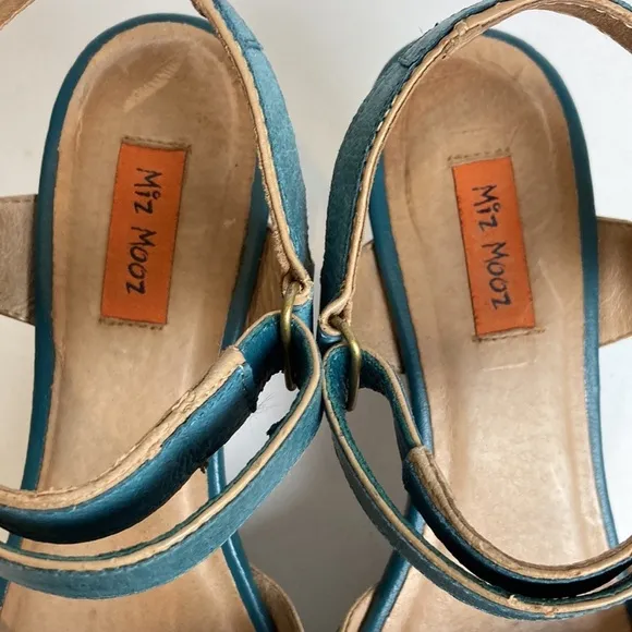 Miz Mooz Women's Corbin Dress Sandal Blue Cork Ankle Strap Whimsy Art To Wear