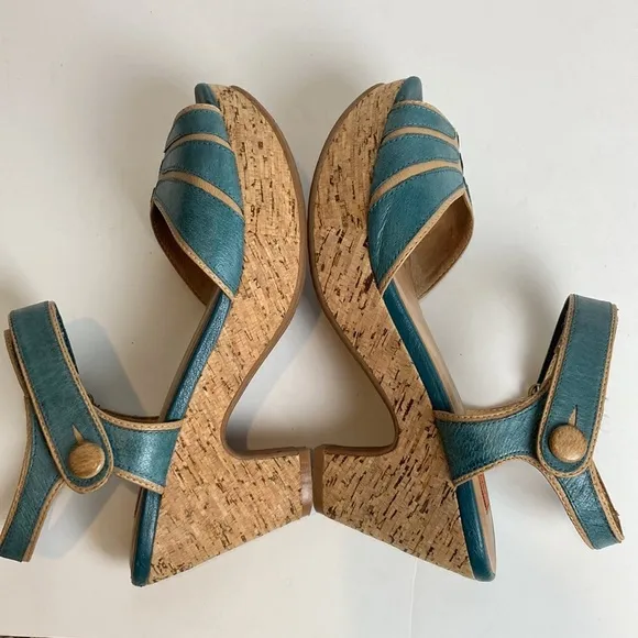 Miz Mooz Women's Corbin Dress Sandal Blue Cork Ankle Strap Whimsy Art To Wear