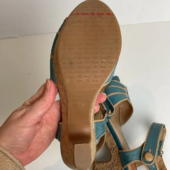 Miz Mooz Women's Corbin Dress Sandal Blue Cork Ankle Strap Whimsy Art To Wear