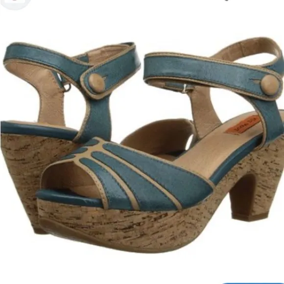 Miz Mooz Women's Corbin Dress Sandal Blue Cork Ankle Strap Whimsy Art To Wear