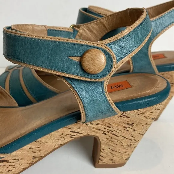 Miz Mooz Women's Corbin Dress Sandal Blue Cork Ankle Strap Whimsy Art To Wear