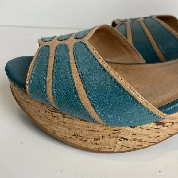 Miz Mooz Women's Corbin Dress Sandal Blue Cork Ankle Strap Whimsy Art To Wear