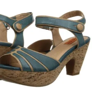 Miz Mooz Women's Corbin Dress Sandal Blue Cork Ankle Strap Whimsy Art To Wear